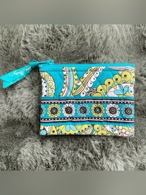 Vera Bradley Teal Quilted Coin Pouch with Lime Floral Lining